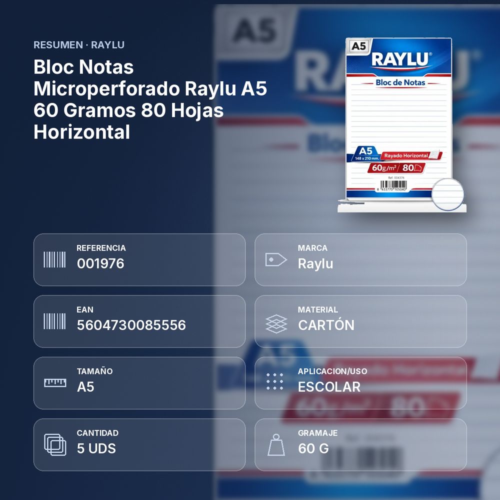 BLOC NOTAS MICROPERFORADO RAYLU A5 60 GRAMOS 80 HOJAS HORIZONTAL - resumen de atributos