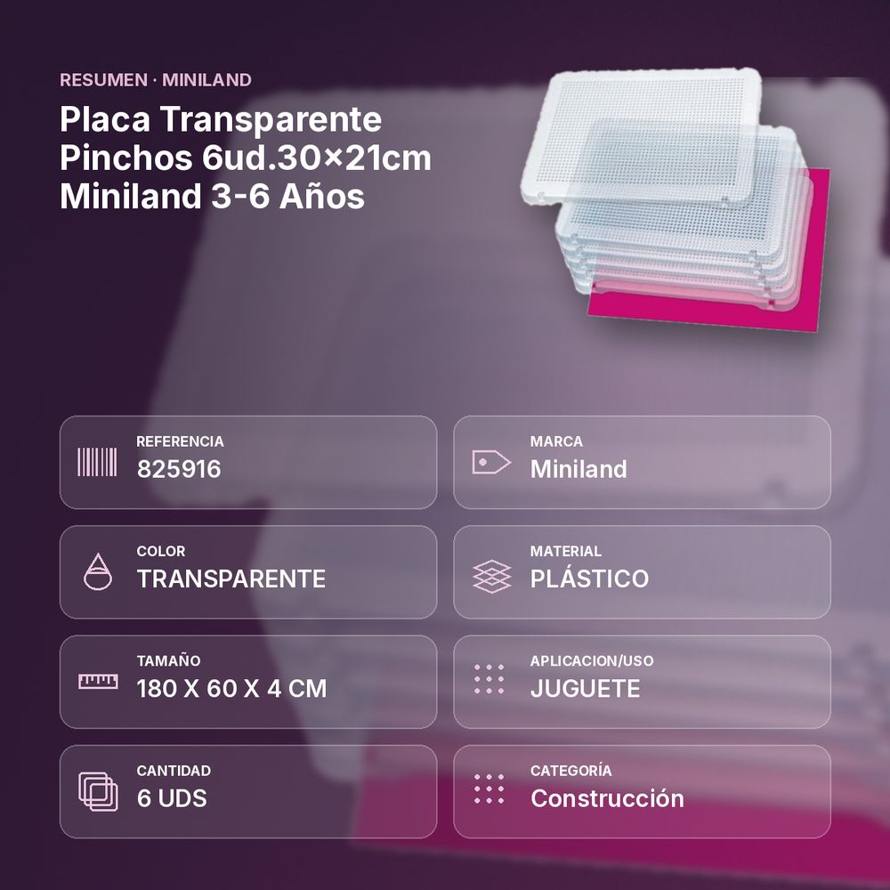 PLACA TRANSPARENTE PINCHOS 6UD.30×21CM MINILAND 3-6 AÑOS - resumen de atributos