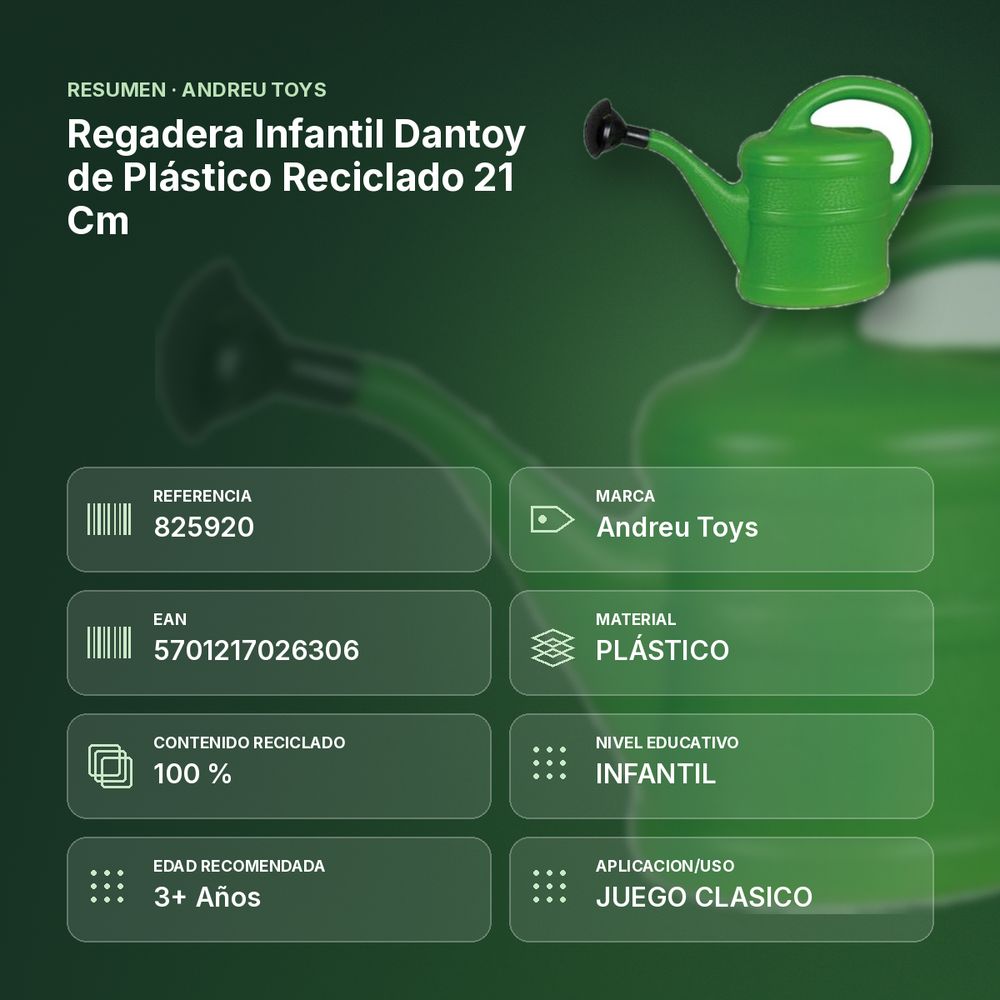 REGADERA INFANTIL DANTOY DE PLÁSTICO RECICLADO 21 CM - resumen de atributos