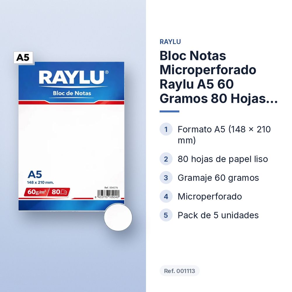 BLOC NOTAS MICROPERFORADO RAYLU A5 60 GRAMOS 80 HOJAS LISO - características principales