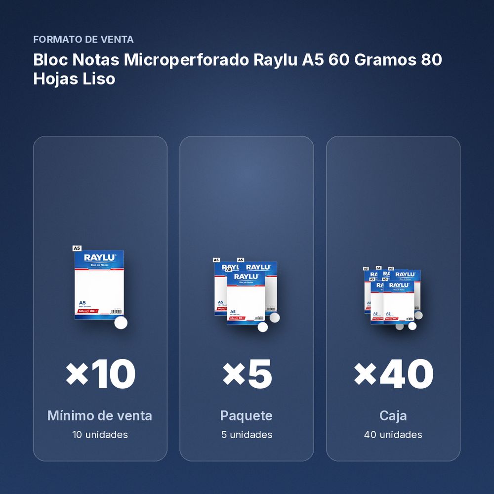 BLOC NOTAS MICROPERFORADO RAYLU A5 60 GRAMOS 80 HOJAS LISO - formato de venta: paquete de 5, caja de 40