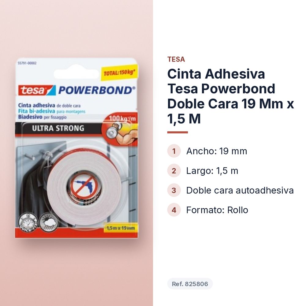 CINTA ADHESIVA TESA POWERBOND DOBLE CARA 19 MM X 1,5 M - características principales