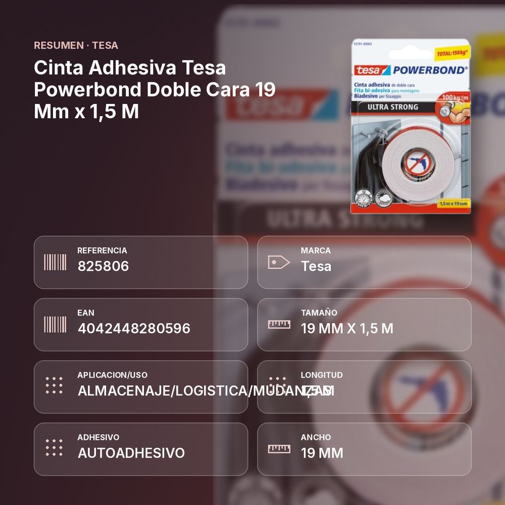 CINTA ADHESIVA TESA POWERBOND DOBLE CARA 19 MM X 1,5 M - resumen de atributos