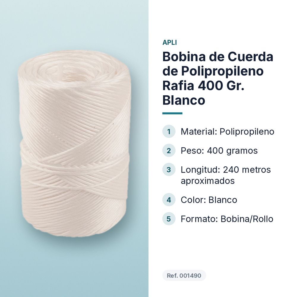 BOBINA DE CUERDA DE POLIPROPILENO RAFIA 400 GR. BLANCO - características principales
