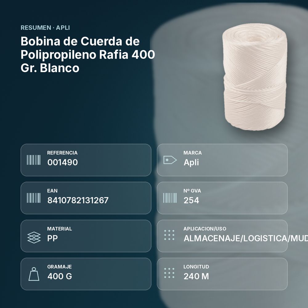 BOBINA DE CUERDA DE POLIPROPILENO RAFIA 400 GR. BLANCO - resumen de atributos
