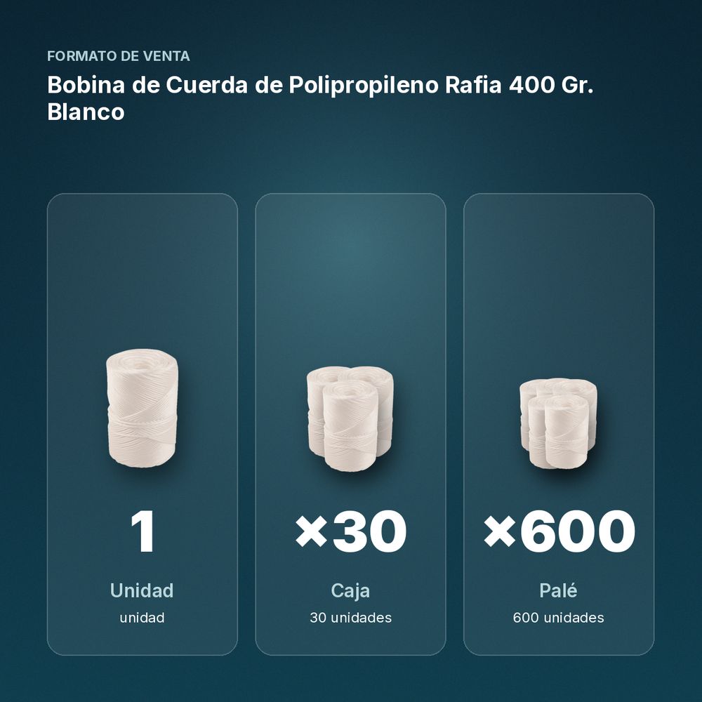 BOBINA DE CUERDA DE POLIPROPILENO RAFIA 400 GR. BLANCO - formato de venta: caja de 30, palé de 600