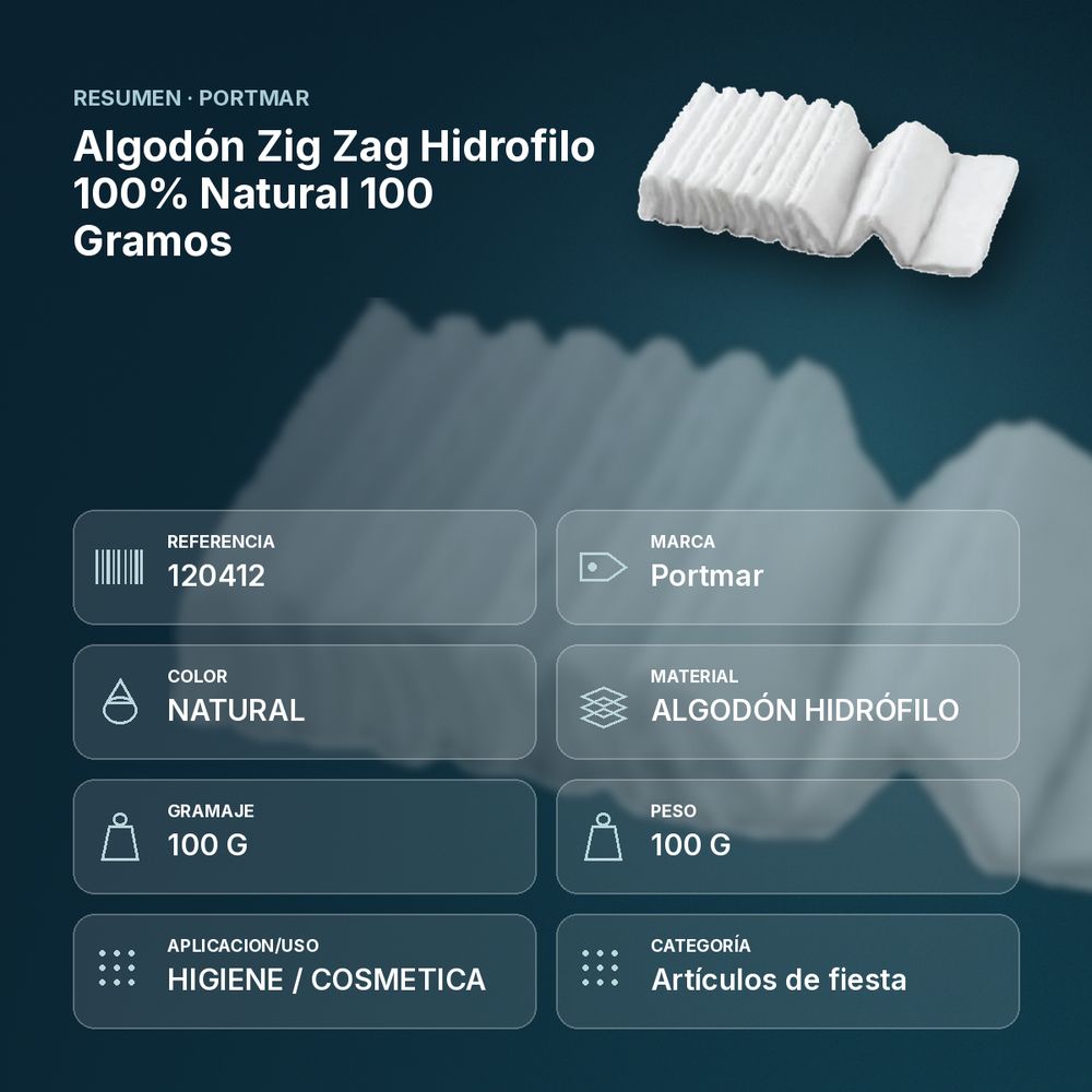 ALGODÓN ZIG ZAG HIDROFILO 100% NATURAL 100 GRAMOS - resumen de atributos