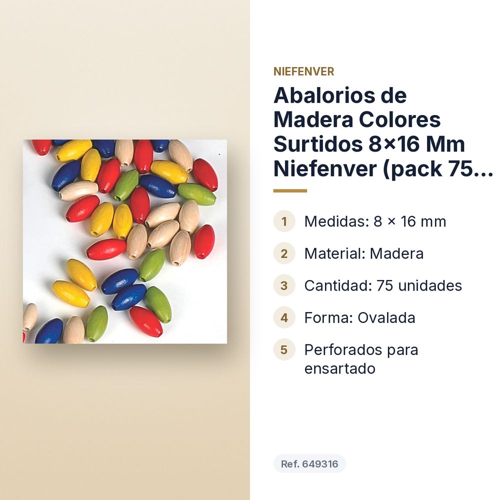 ABALORIOS DE MADERA COLORES SURTIDOS 8×16 MM NIEFENVER (PACK 75 UDS) - características principales