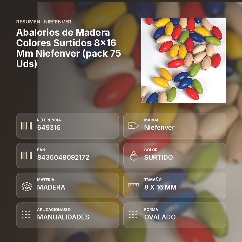 ABALORIOS DE MADERA COLORES SURTIDOS 8×16 MM NIEFENVER (PACK 75 UDS) - resumen de atributos
