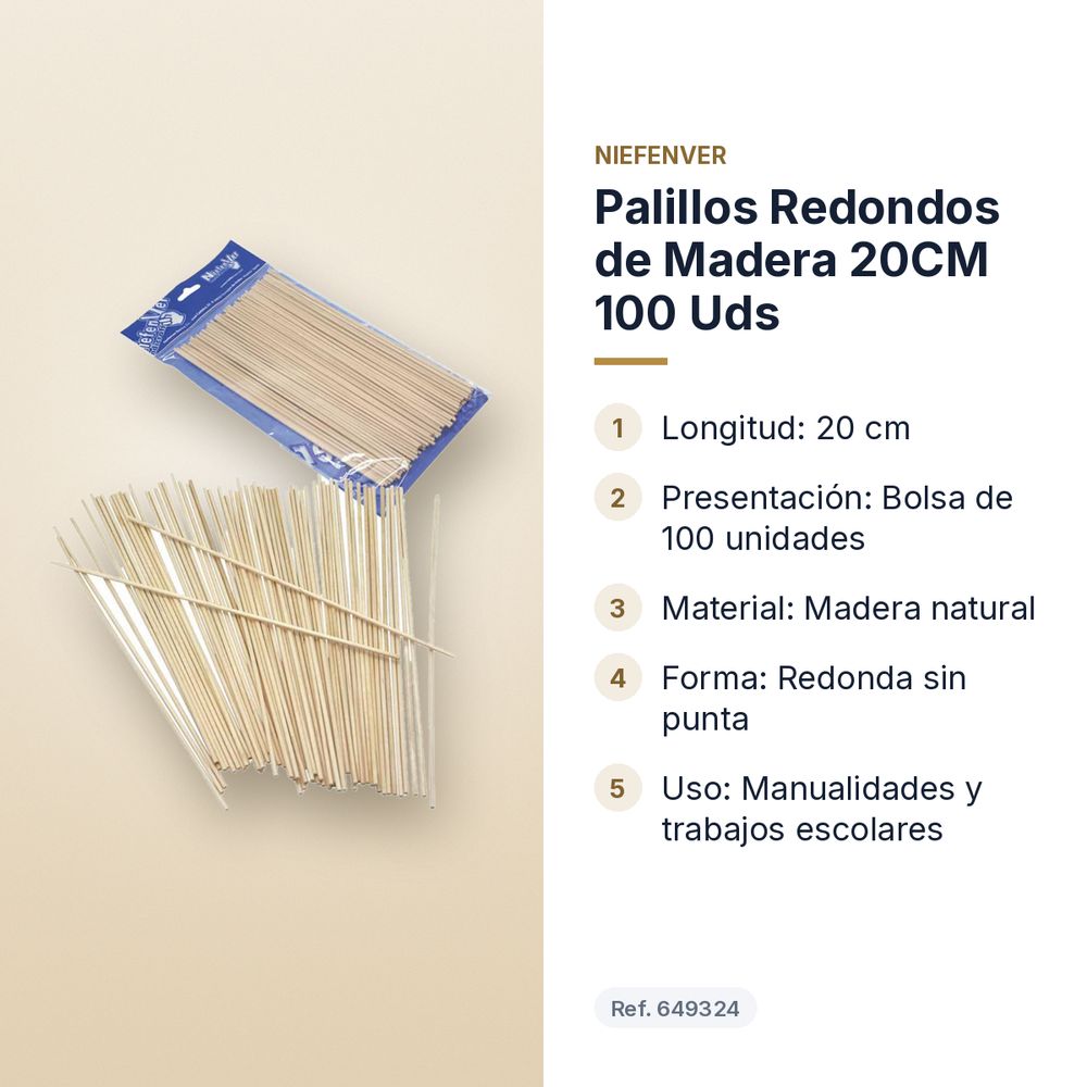 PALILLOS REDONDOS DE MADERA 20CM 100 UDS - características principales