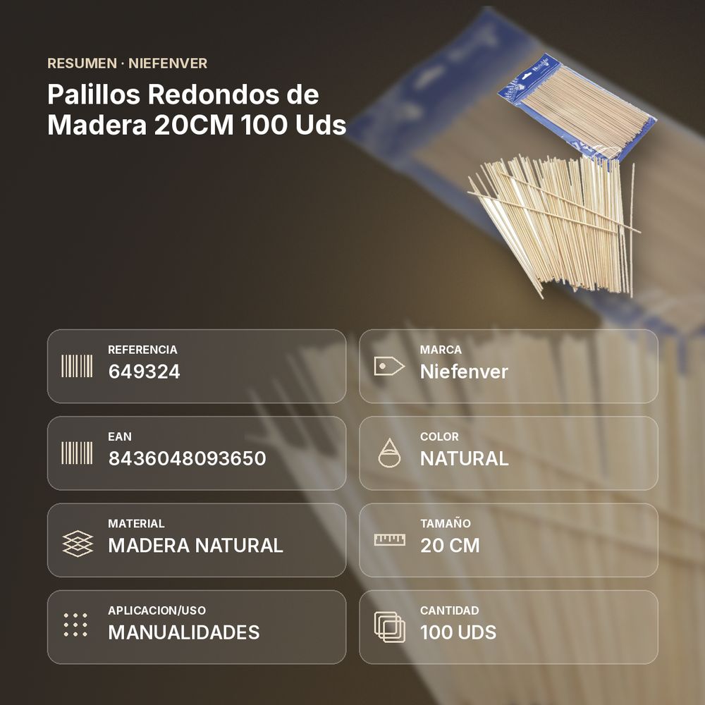 PALILLOS REDONDOS DE MADERA 20CM 100 UDS - resumen de atributos
