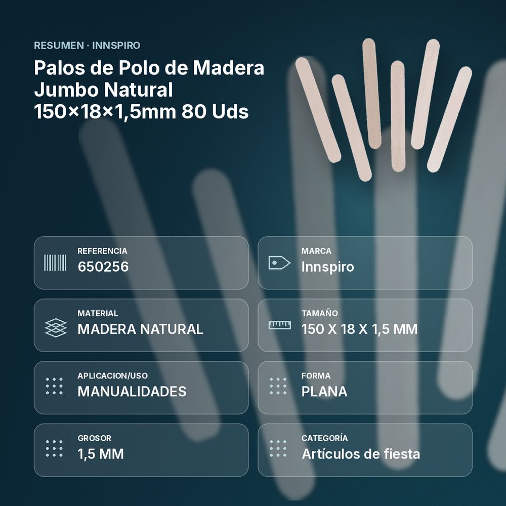 PALOS DE POLO DE MADERA JUMBO NATURAL 150×18×1,5MM  80 UDS - resumen de atributos