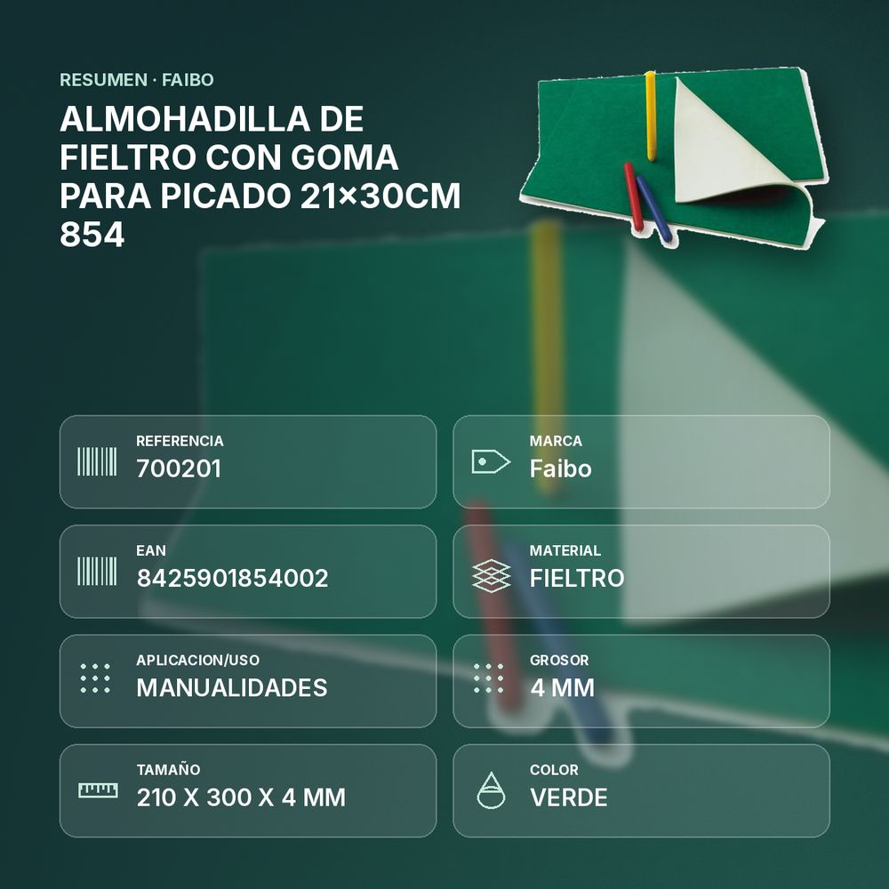 ALMOHADILLA DE FIELTRO CON GOMA PARA PICADO 21x30CM 854 - resumen de atributos