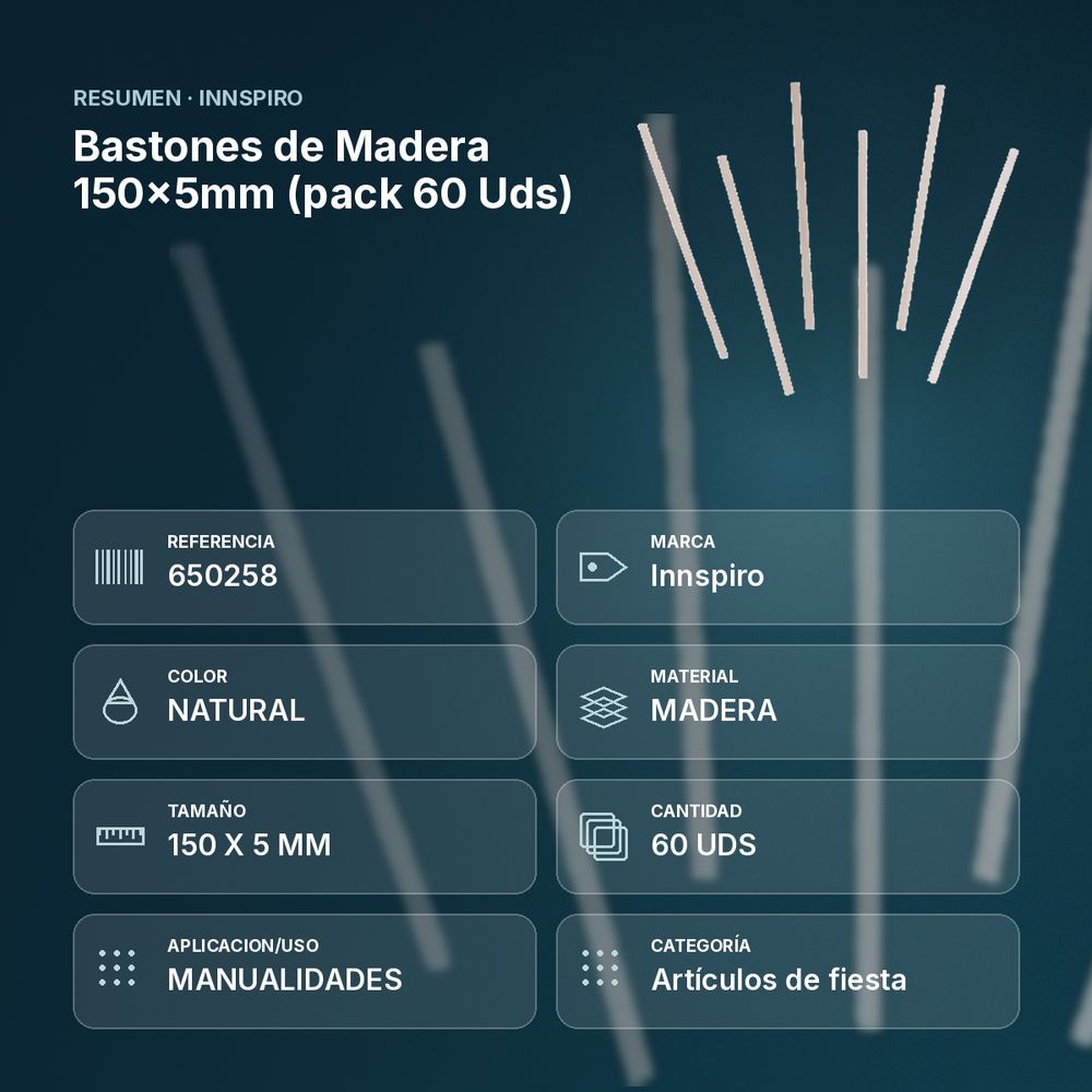 BASTONES DE MADERA 150×5MM (PACK 60 UDS) - resumen de atributos