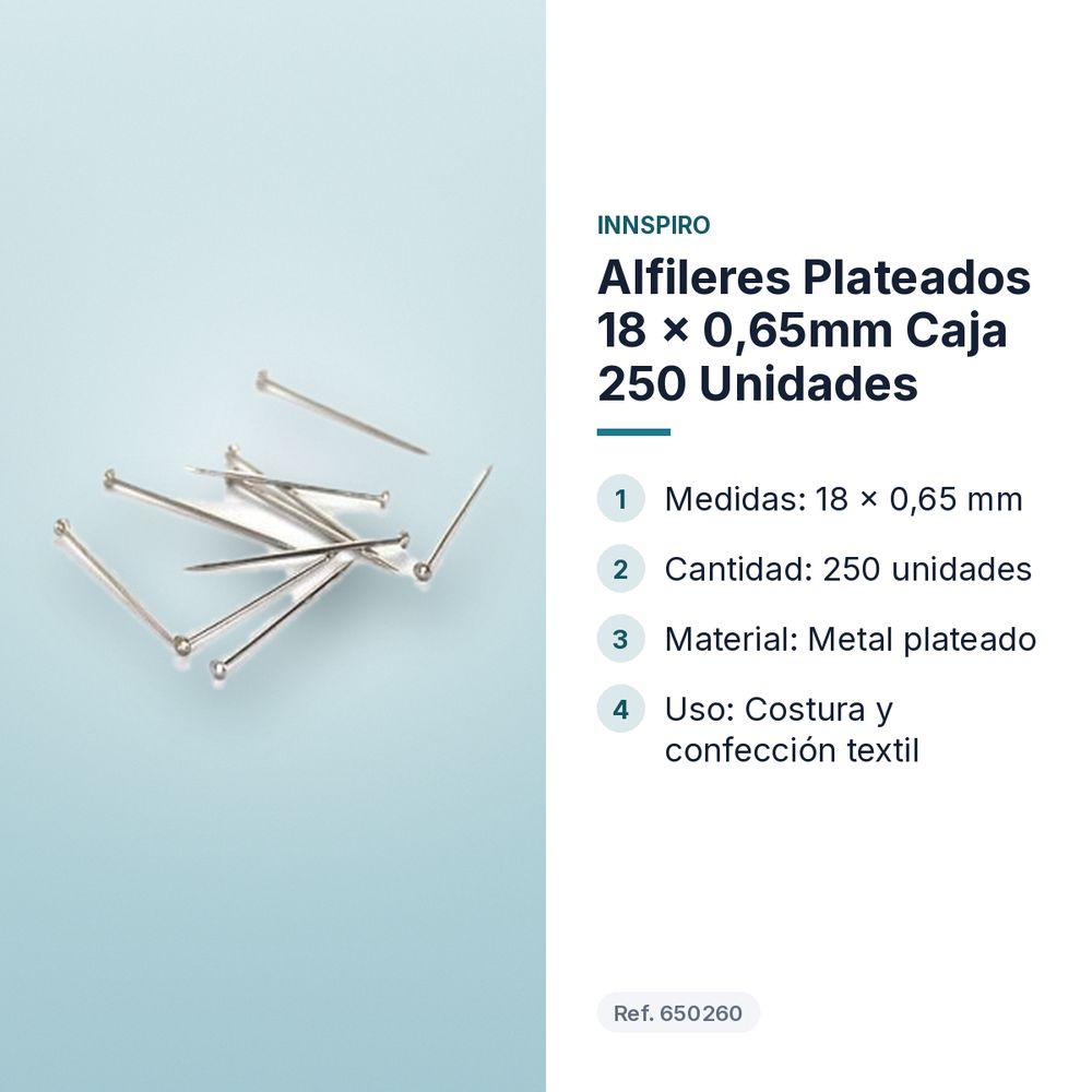 ALFILERES PLATEADOS 18 X 0,65MM CAJA 250 UNIDADES - características principales