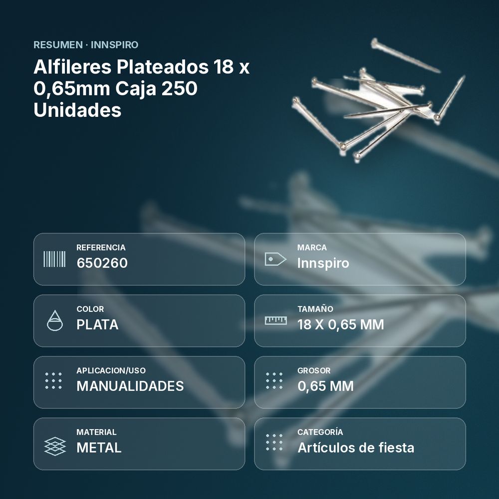 ALFILERES PLATEADOS 18 X 0,65MM CAJA 250 UNIDADES - resumen de atributos