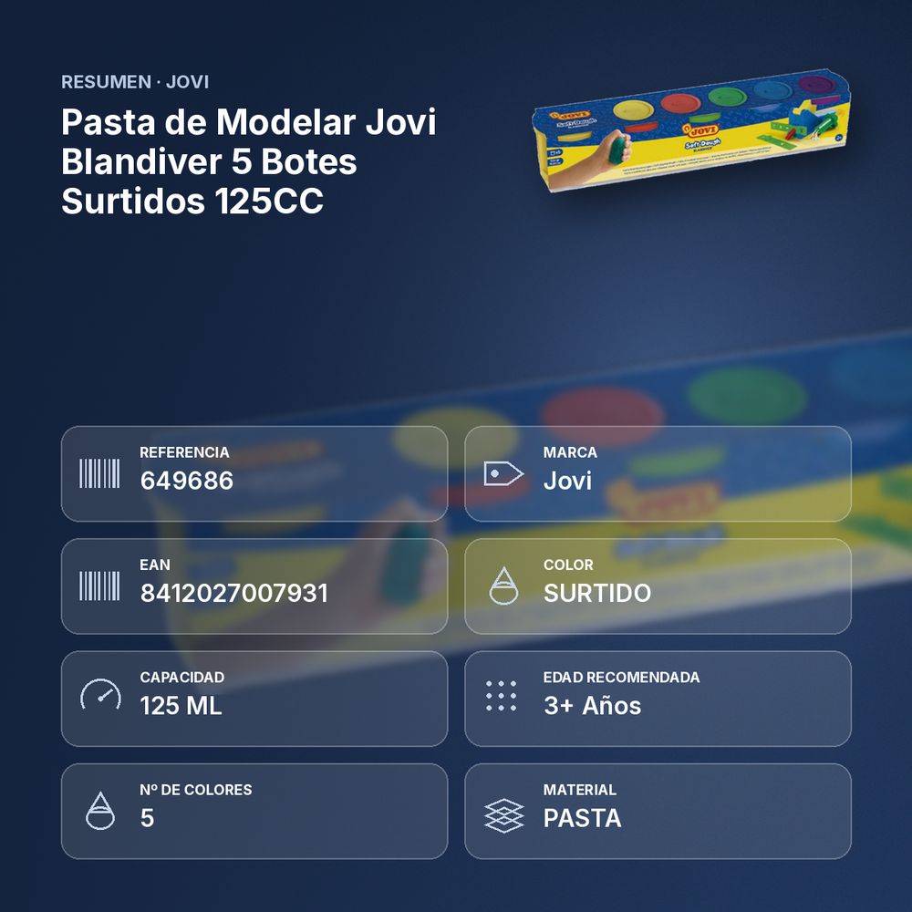 PASTA DE MODELAR JOVI BLANDIVER 5 BOTES SURTIDOS 125CC - resumen de atributos