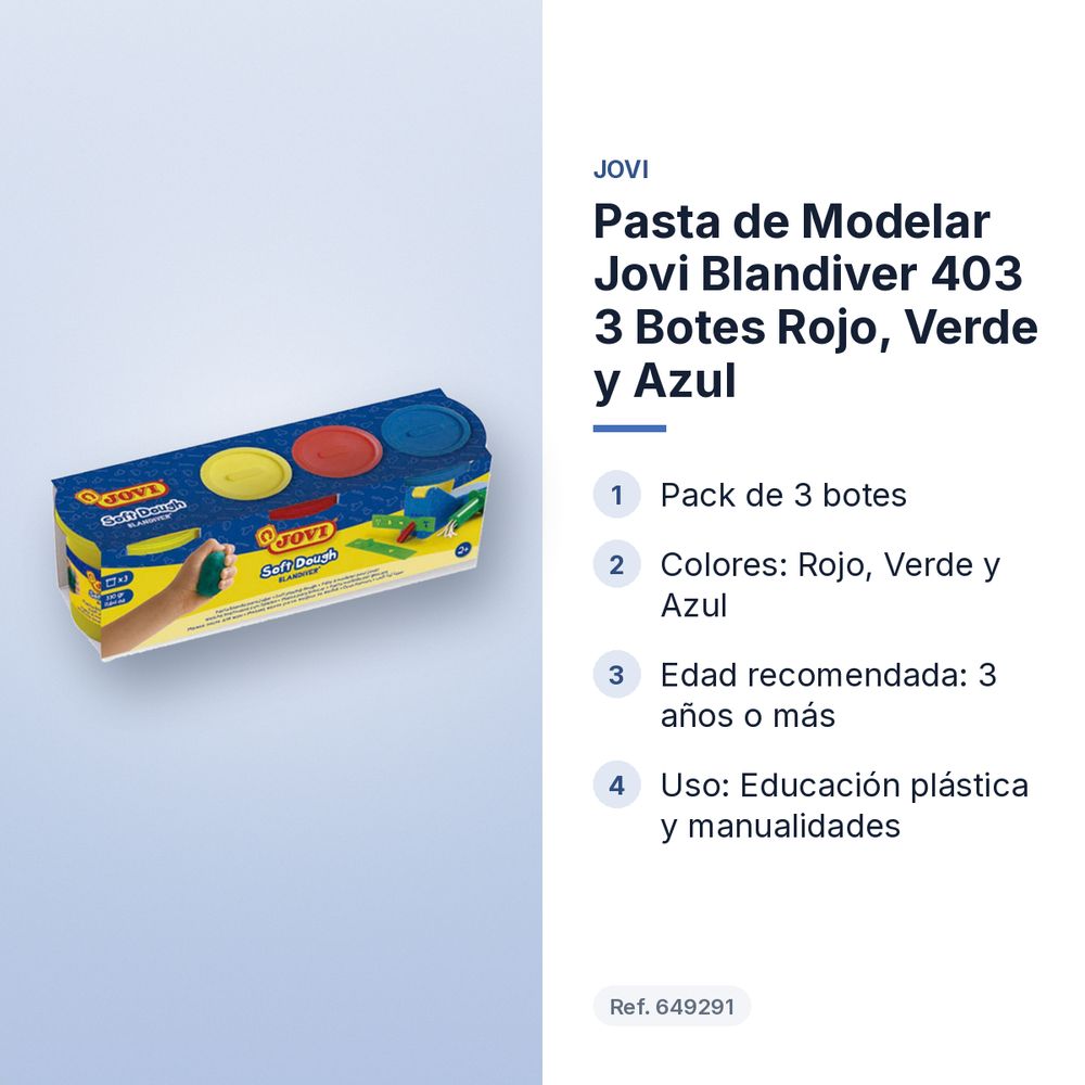 PASTA DE MODELAR JOVI BLANDIVER 403 3 BOTES ROJO, VERDE Y AZUL - características principales