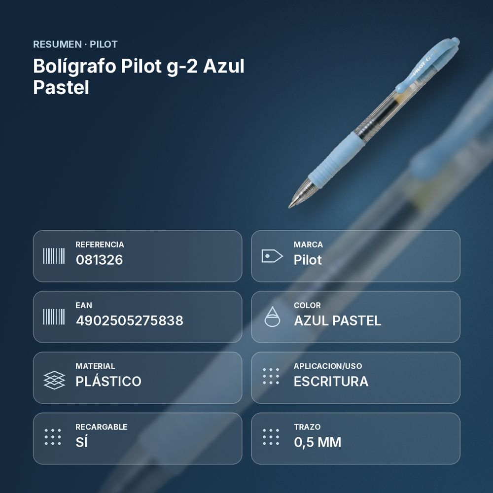 BOLÍGRAFO PILOT G-2 AZUL PASTEL - resumen de atributos