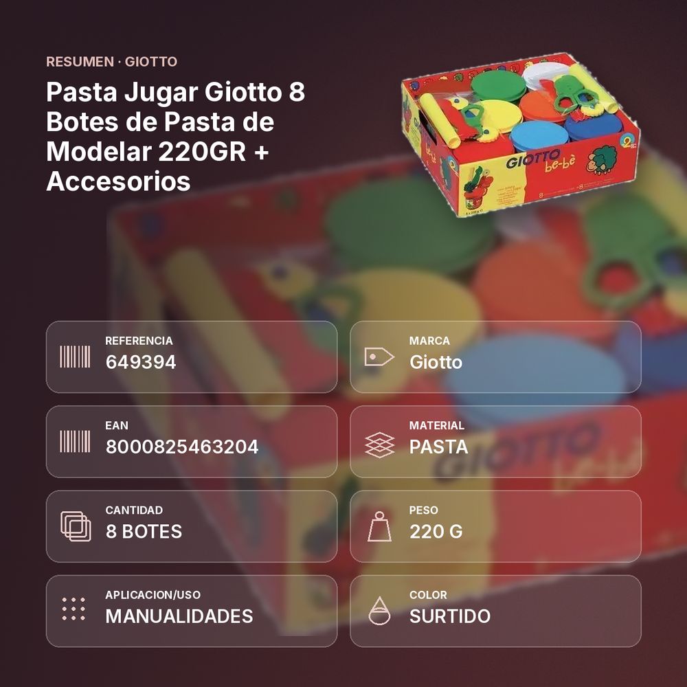 PASTA JUGAR GIOTTO 8 BOTES DE PASTA DE MODELAR 220GR + ACCESORIOS - resumen de atributos