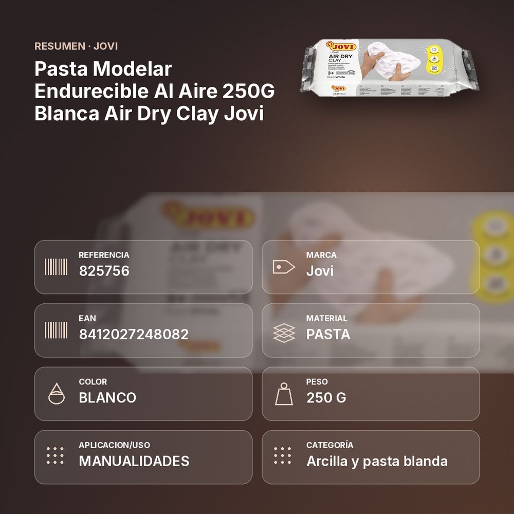 PASTA MODELAR ENDURECIBLE AL AIRE 250G BLANCA AIR DRY CLAY JOVI - resumen de atributos