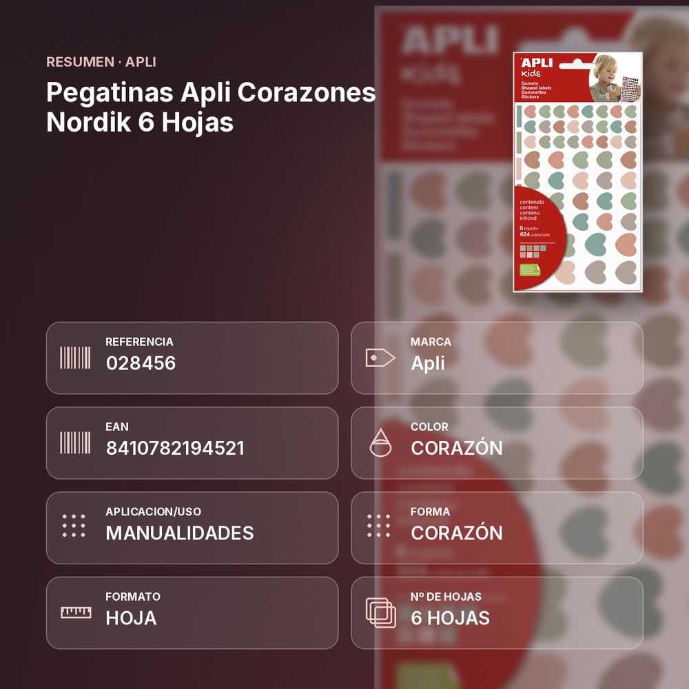 PEGATINAS APLI CORAZONES NORDIK 6 HOJAS - resumen de atributos