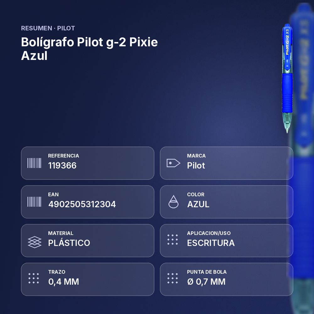 BOLÍGRAFO PILOT G-2 PIXIE AZUL - resumen de atributos