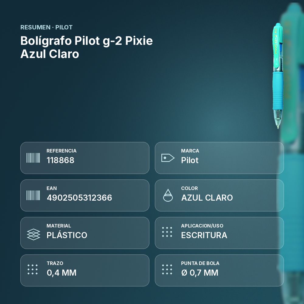 BOLÍGRAFO PILOT G-2 PIXIE AZUL CLARO - resumen de atributos