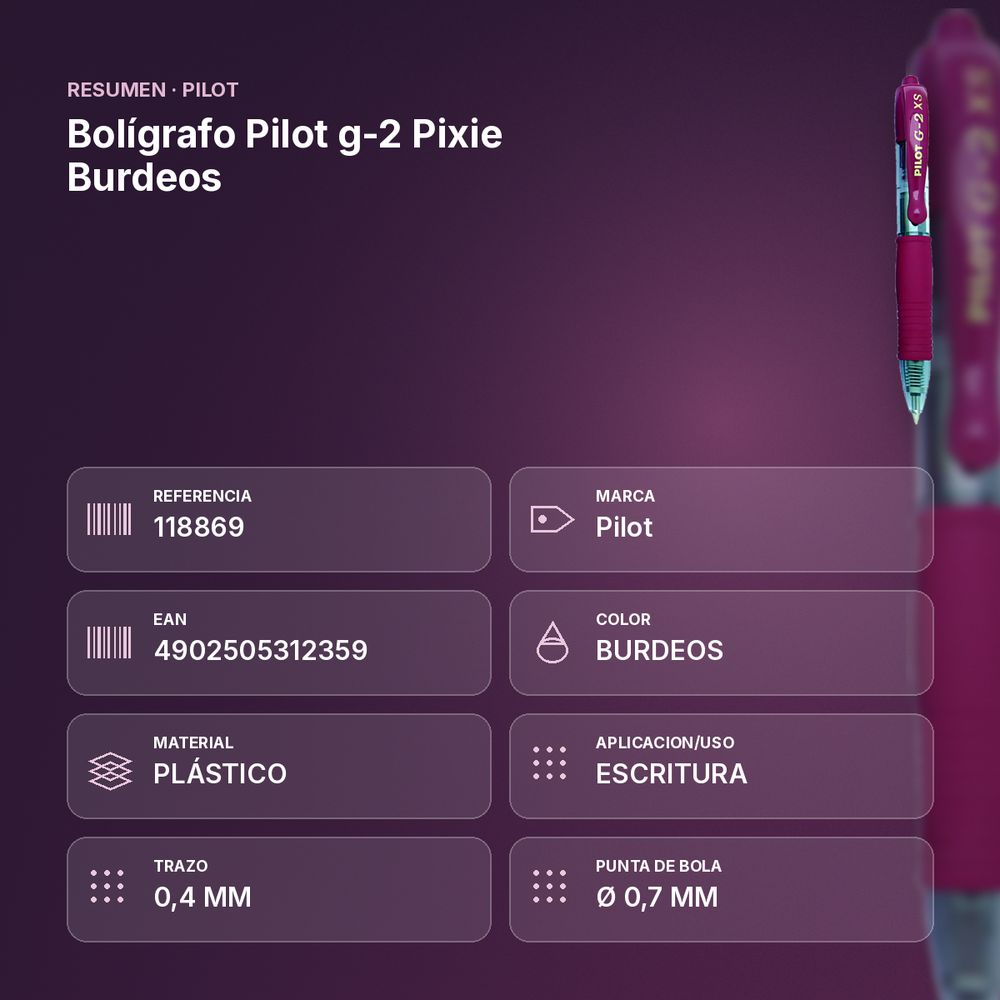 BOLÍGRAFO PILOT G-2 PIXIE BURDEOS - resumen de atributos