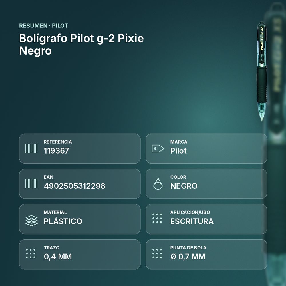 BOLÍGRAFO PILOT G-2 PIXIE NEGRO - resumen de atributos