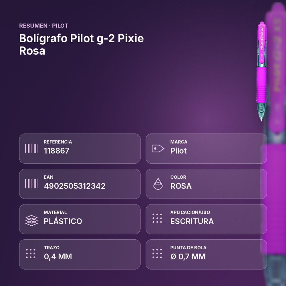 BOLÍGRAFO PILOT G-2 PIXIE ROSA - resumen de atributos