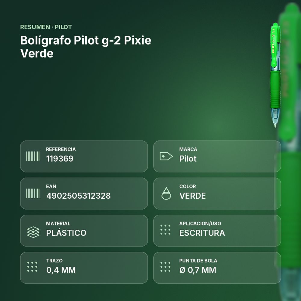 BOLÍGRAFO PILOT G-2 PIXIE VERDE - resumen de atributos