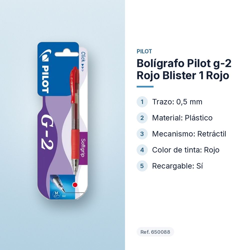 BOLÍGRAFO PILOT G-2 ROJO BLISTER 1 ROJO - características principales
