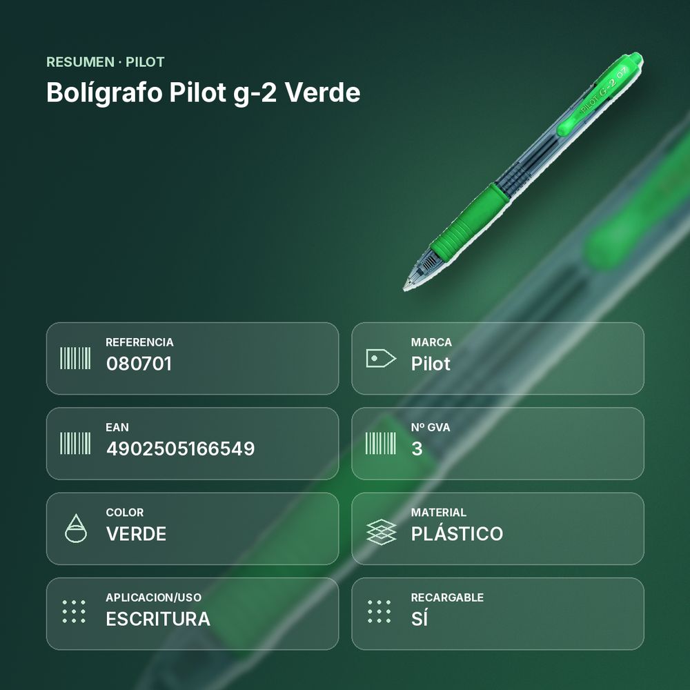 BOLÍGRAFO PILOT G-2 VERDE - resumen de atributos
