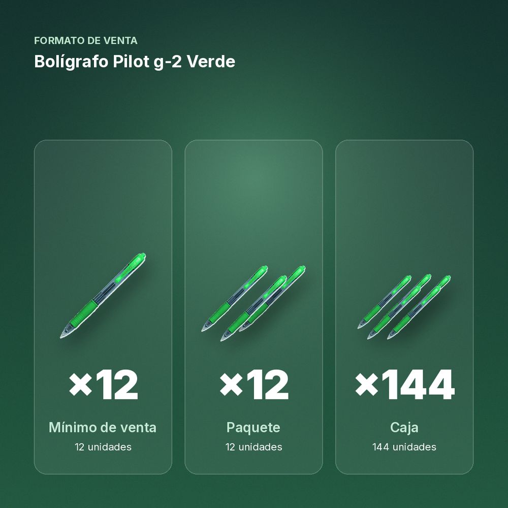 BOLÍGRAFO PILOT G-2 VERDE - formato de venta: paquete de 12, caja de 144, palé de 864