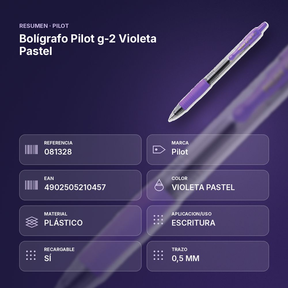 BOLÍGRAFO PILOT G-2 VIOLETA PASTEL - resumen de atributos