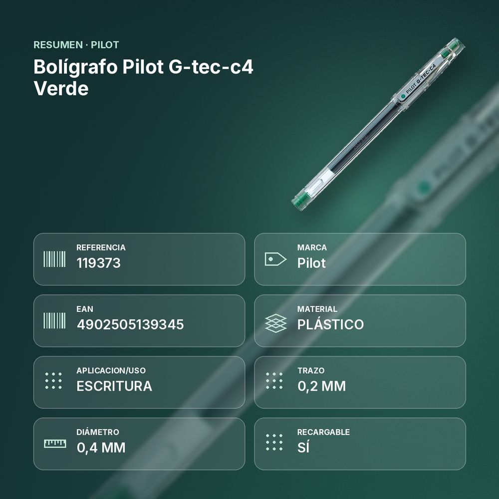 BOLÍGRAFO PILOT G-TEC-C4 VERDE - resumen de atributos
