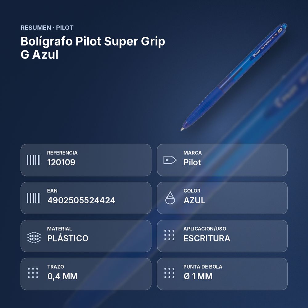 BOLÍGRAFO PILOT SUPER GRIP G AZUL - resumen de atributos