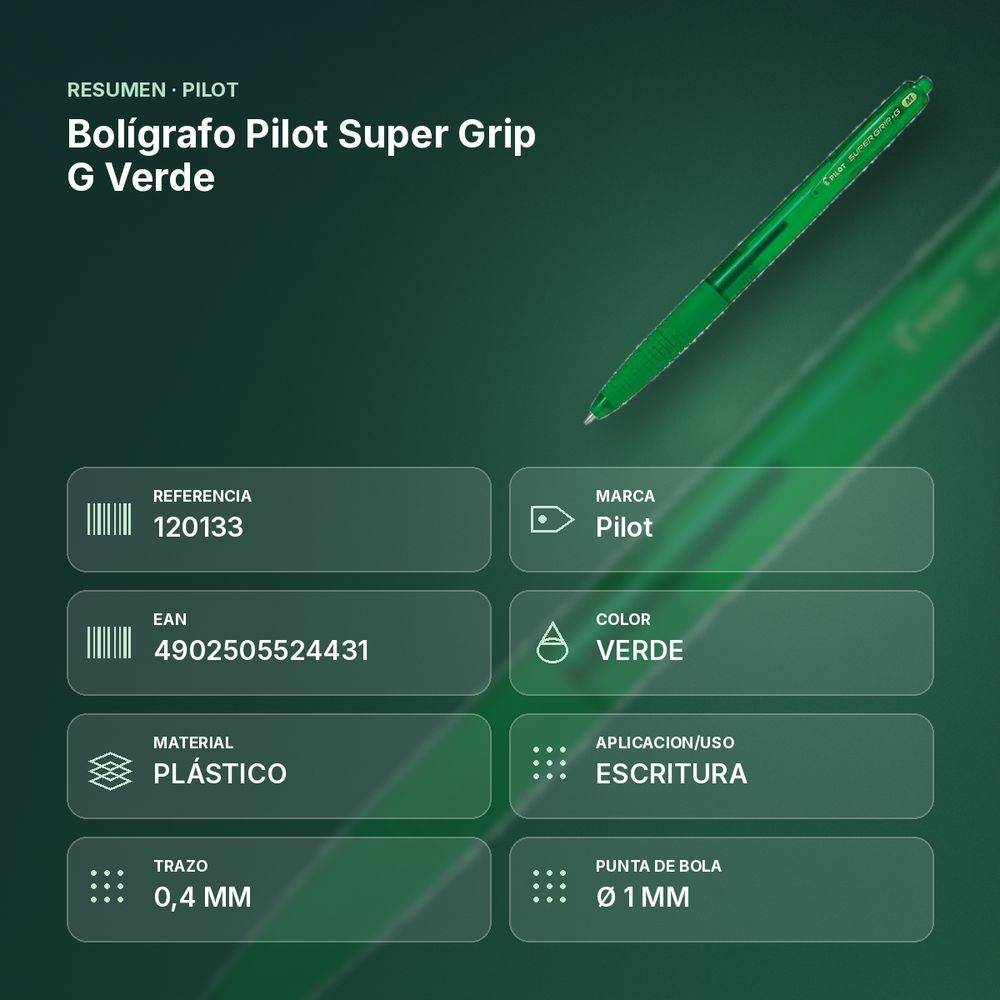 BOLÍGRAFO PILOT SUPER GRIP G VERDE  - resumen de atributos
