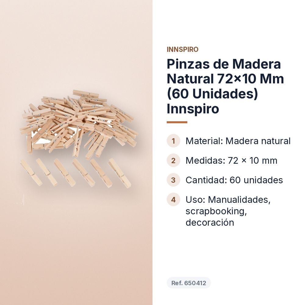 PINZAS DE MADERA NATURAL 72X10 MM (60 UNIDADES) INNSPIRO - características principales