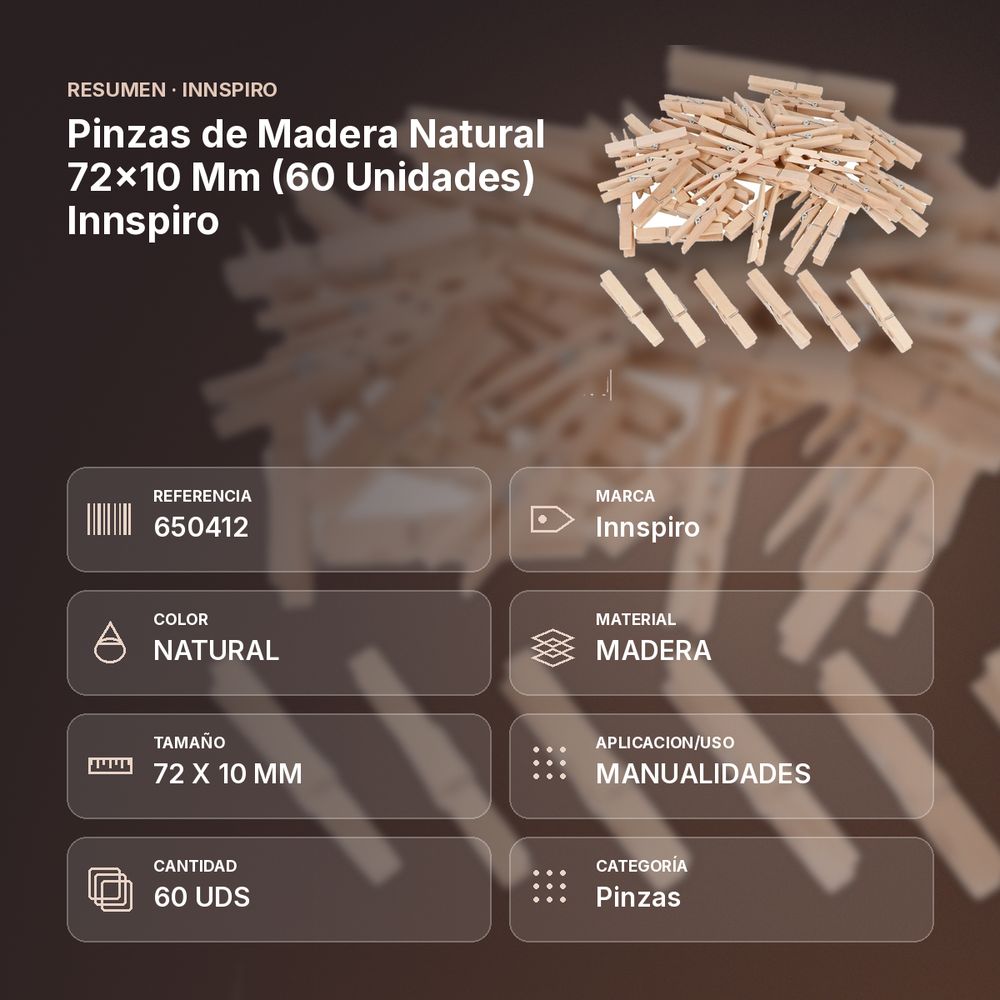 PINZAS DE MADERA NATURAL 72X10 MM (60 UNIDADES) INNSPIRO - resumen de atributos