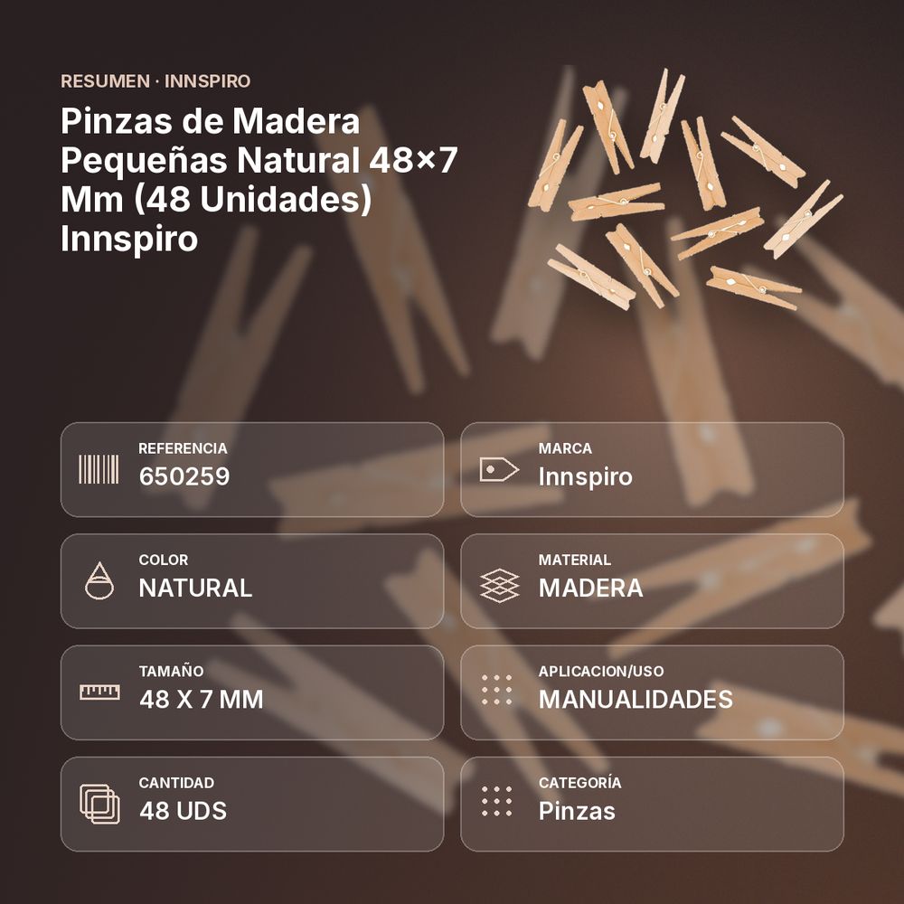 PINZAS DE MADERA PEQUEÑAS NATURAL 48X7 MM (48 UNIDADES) INNSPIRO - resumen de atributos