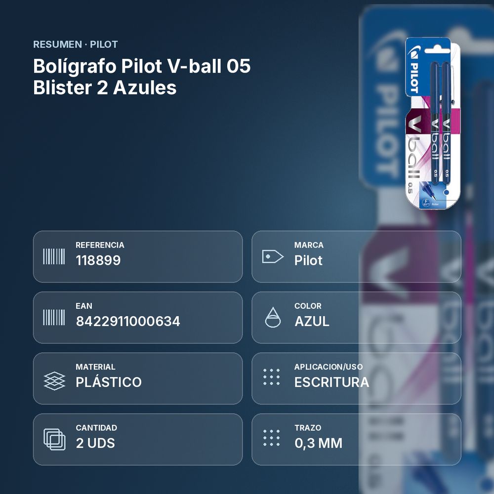 BOLÍGRAFO PILOT V-BALL 05 BLISTER 2 AZULES - resumen de atributos