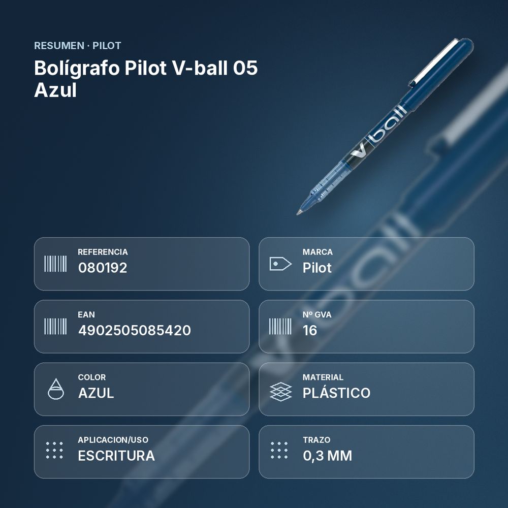 BOLÍGRAFO PILOT V-BALL 05 AZUL - resumen de atributos