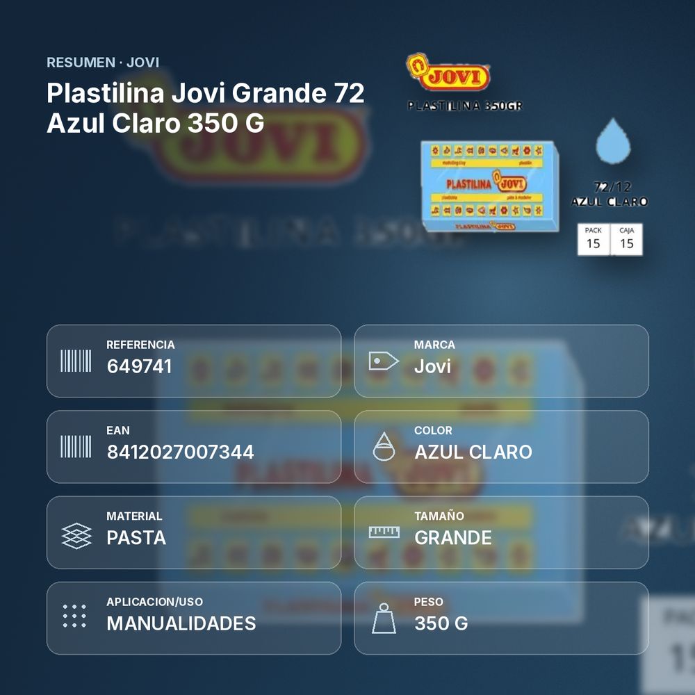 PLASTILINA JOVI GRANDE 72 AZUL CLARO 350 G - resumen de atributos