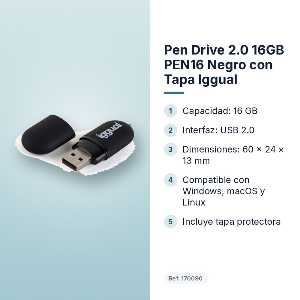 PEN DRIVE 2.0 16GB PEN16 NEGRO CON TAPA IGGUAL - características principales