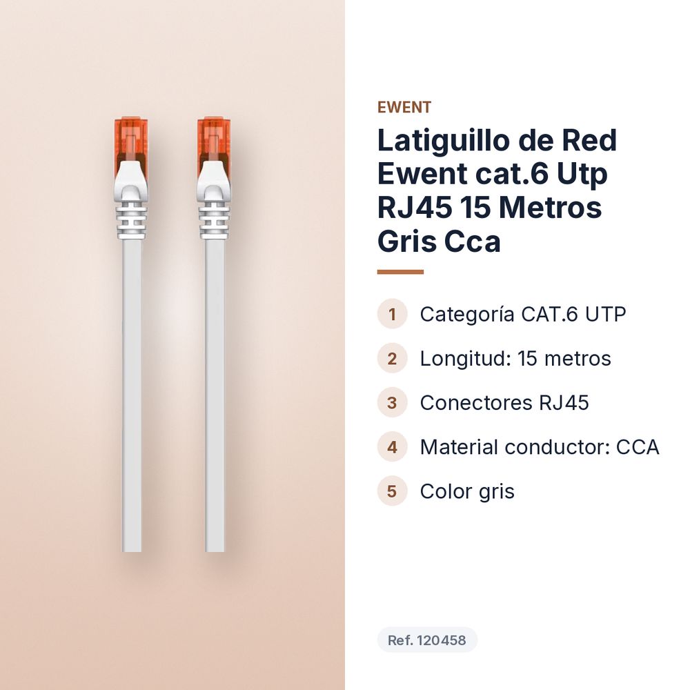 LATIGUILLO DE RED EWENT CAT.6 UTP RJ45 15 METROS GRIS CCA - características principales