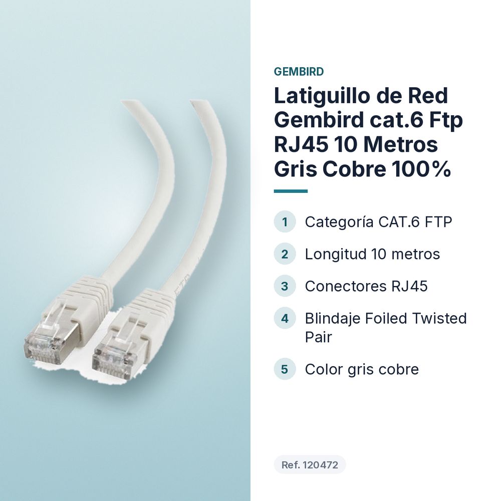 LATIGUILLO DE RED GEMBIRD CAT.6 FTP RJ45 10 METROS GRIS COBRE 100% - características principales