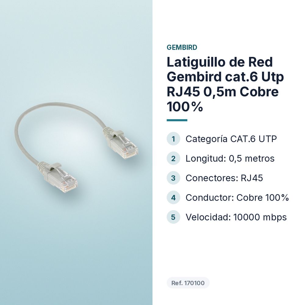LATIGUILLO DE RED GEMBIRD CAT.6 UTP RJ45 0,5M COBRE 100% - características principales