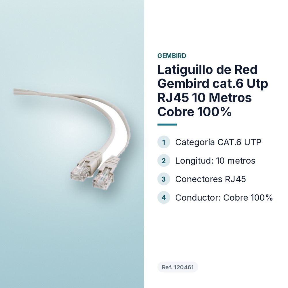 LATIGUILLO DE RED GEMBIRD CAT.6 UTP RJ45 10 METROS COBRE 100% - características principales